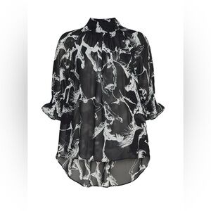 Adam Lippes-Printed Chiffon Mockneck Blouse Smocked Sleeves- Black Pony. Size 4